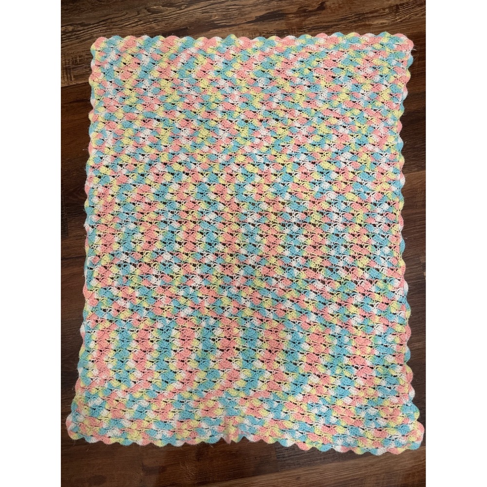 Vintage Handmade Crochet Baby Blanket Pastel Pink Blue Yellow Shell Stitch 36x26